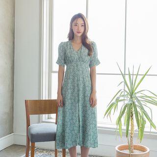 Puff-sleeve Shirred-trim Long Floral Dress Mint Green - One Size