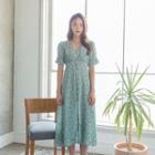 Puff-sleeve Shirred-trim Long Floral Dress Mint Green - One Size