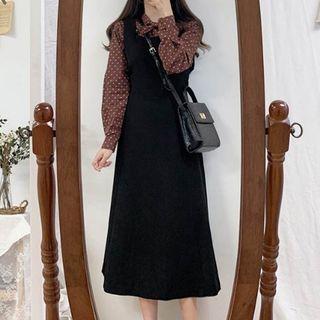 Dotted Blouse / Sleeveless Midi A-line Dress