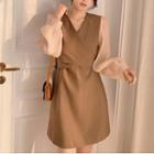 Long-sleeve Panel Tie-waist Mini A-line Dress