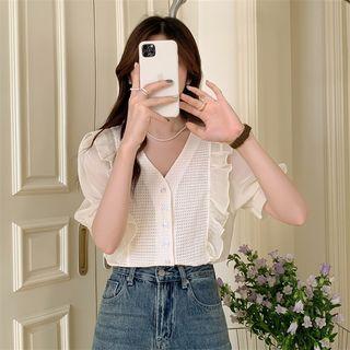 Short-sleeve V-neck Ruffle Panel Mesh Shirt
