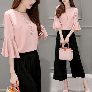 Elbow-sleeve Frill Trim Top