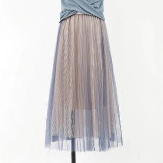 Mesh Overlay Striped A-line Skirt