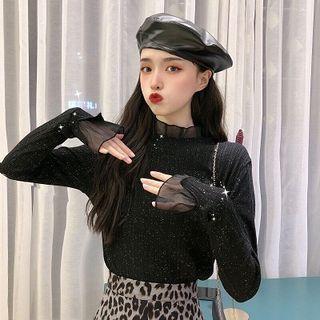 Mock Two-piece Glitter Long-sleeve Top