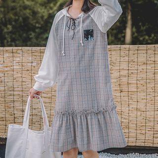 Raglan-sleeve Gingham Panel Hooded Dress
