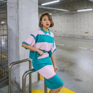 Set: Collar-detail Striped Knit Top + Band-waist Skirt