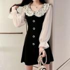 Long-sleeve Color Block Lace Collar A-line Mini Dress
