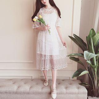 Set: Embroidered Elbow-sleeve A-line Midi Dress + Strappy Dress