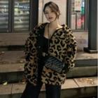 Leopard Faux-fur Button Jacket Padded - Leopard - One Size