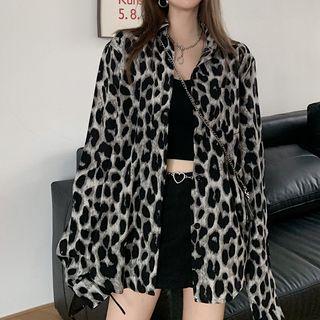 Long-sleeve Leopard Print Loose-fit Blouse