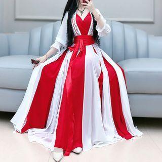Embroidered Two-tone 3/4-sleeve Maxi A-line Dress
