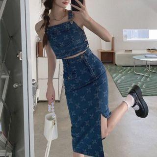 Set: Cross Print Denim Crop Tank Top + Slit Midi Pencil Skirt