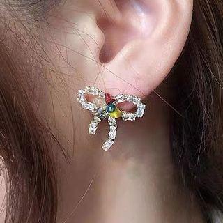Rhinestone Bow Ear Stud 1 Pair - White & Green & Red - One Size