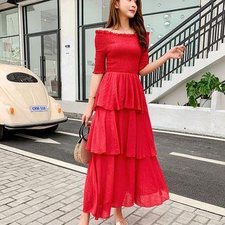Elbow-sleeve Off Shoulder Tiered Maxi Dress