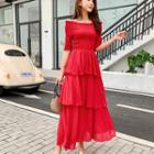 Elbow-sleeve Off Shoulder Tiered Maxi Dress