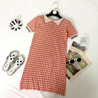 Short-sleeve Plaid Polo Knit Dress As Shown In Figure - One Size
