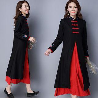 Flower Embroidered Mandarin Collar Long Sleeve Dress
