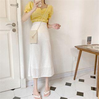 Short-sleeve Shirred Cropped Blouse / Floral Midi A-line Skirt