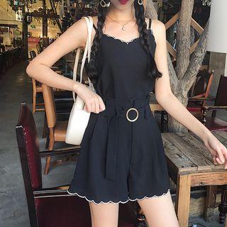Set: Scalloped-edge Camisole Top + Wide-leg Shorts
