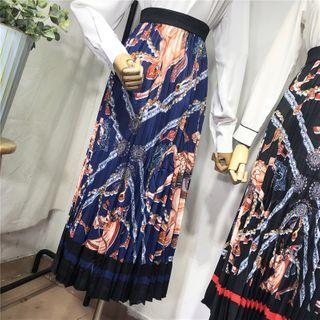 Elastic-waist Printed Pleated Midi Skirt