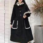 Lace Collar Corduroy Long-sleeve A-line Dress Black - One Size