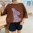 3/4-sleeve Leopard Print Puppy T-shirt