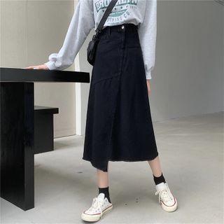 Asymmetric Denim Midi A-line Skirt