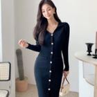 Long-sleeve V-neck Button-up Midi Sheath Dress Black - One Size