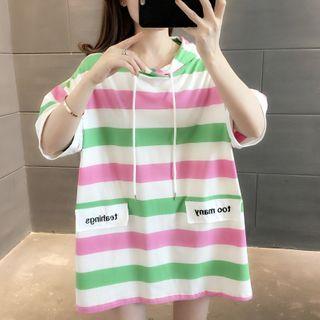 Elbow-sleeve Striped Lettering Print Hoodie
