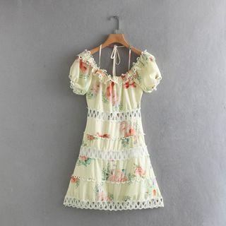 Off-shoulder Flower Print Short-sleeve A-line Dress