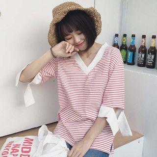 V-neck Striped Elbow-sleeve T-shirt