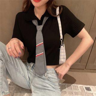 Set: Short-sleeve Ribbed Polo Shirt + Striped Neck Tie