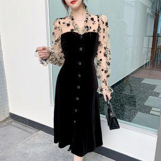 V-neck Embroidered Panel Velvet Button-up A-line Dress