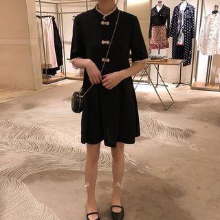 Short-sleeve Frog Buttoned A-line Dress Black - One Size