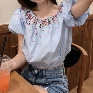 Cold Shoulder Floral Short-sleeve Top Blue - One Size