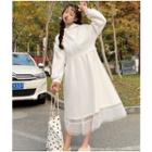 Mesh Overlay Midi A-line Hoodie Dress