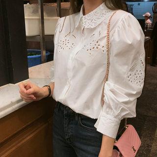 Lace-collar Puff-sleeve Perforated Shirt Ivory - One Size