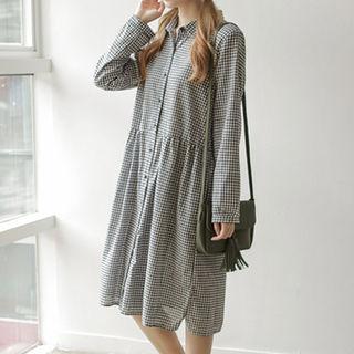 Shirred-waist Gingham Shirtdress