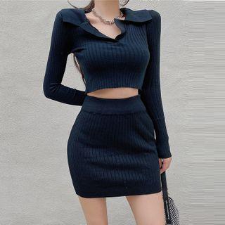 Set: Knit Cropped Polo Shirt + Mini Skirt