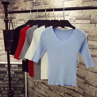 Elbow-sleeve Knit Top Gray - One Size
