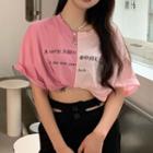 Short-sleeve Lettering Two-tone T-shirt Pink - One Size