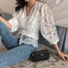 3/4-sleeve Lace Buttoned Top Almond - M