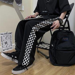 Drawstring Waist Checkered Trim Sweatpants