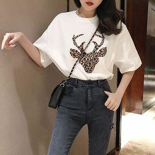Leopard Crewneck Short-sleeve Top