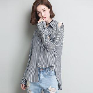 Striped Cut Out Shoulder Long-sleeve Shirt