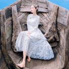 Bell-sleeve Lace Crochet Midi Layered Dress