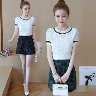Set: Short-sleeve Lace Top + Plaid Mini Fitted Skirt