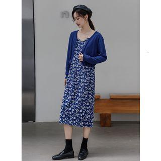 Set: Floral Print Spaghetti-strap Dress / Knit Cardigan