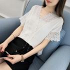 Lace Trim Short Sleeve V-neck Chiffon Top