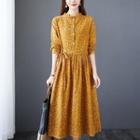 Long-sleeve Floral Print Linen Blend Midi A-line Dress